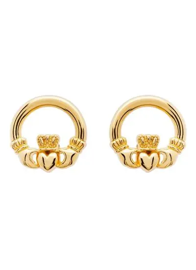 White background cutout shot of 14ct Gold Vermeil Claddagh Stud Earrings